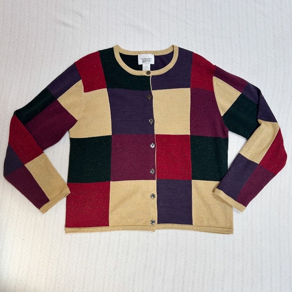 VINTAGE CHRISTOPHER & BANKS holiday color block cardigan sweater sz L, green - Picture 2 of 14